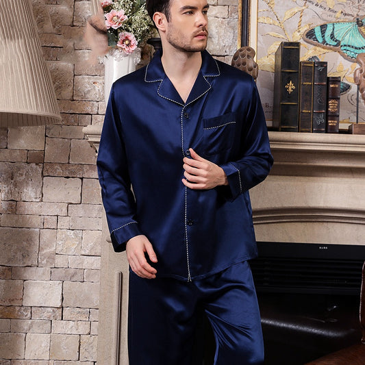 100% Mulberry Silk Dark Blue Men's Long Sleeve Trousers Pajamas Set