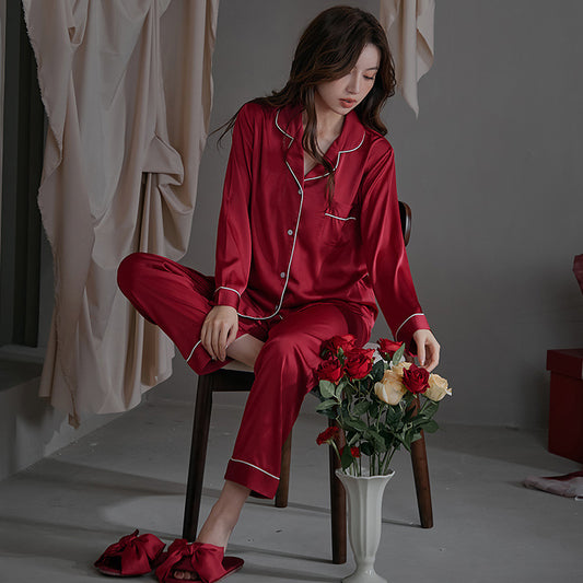 Women's Red Two-Piece Long-Sleeved Imitation Silk Pajamas