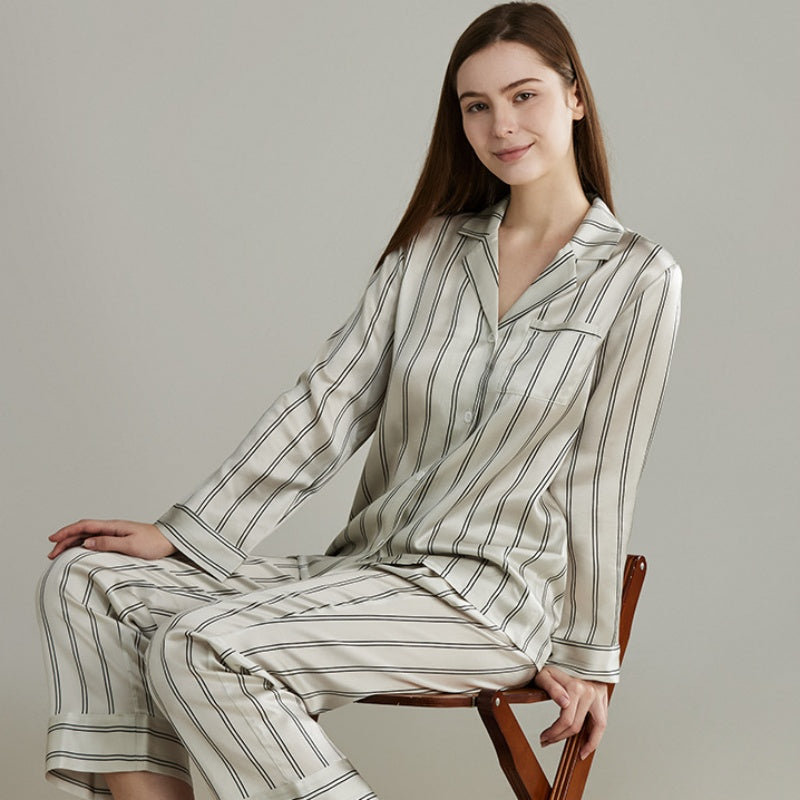 19 Momme Mulberry Silk Pinstriped Long Sleeve Trousers Pajamas Set