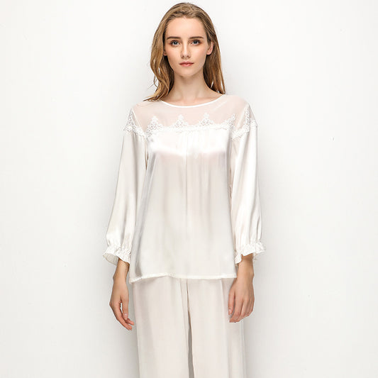 White Silk Round Neck Long Sleeved Pajamas Set