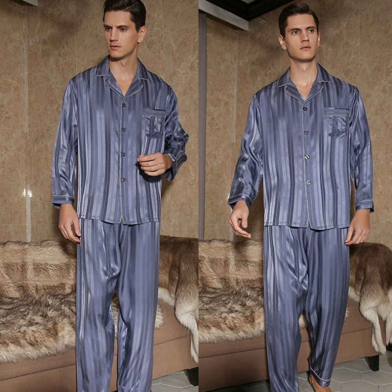 19 Momme Mulberry Silk Vertical Bar Dark Grain Men's Long Sleeve Pajamas Set