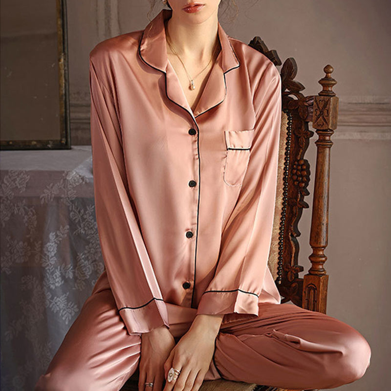 Women's Pink Two-Piece Long-Sleeved Imitation Silk Pajamas
