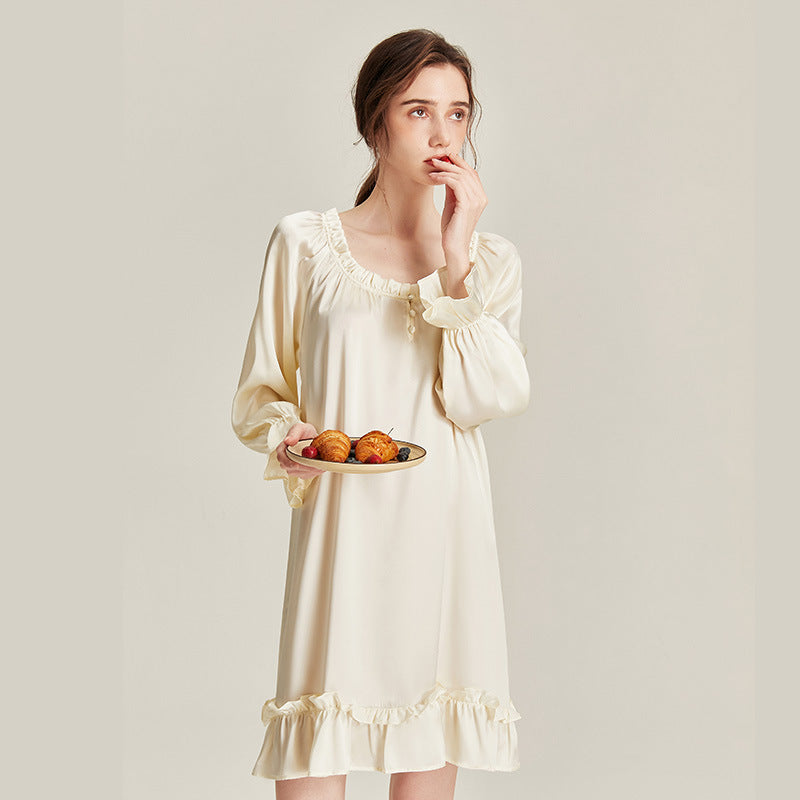 100% Mulberry Silk Court Style Long Sleeve Nightdress