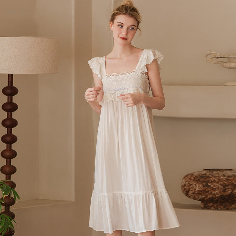 White Lace Square Neck Noil Poplin Nightdress