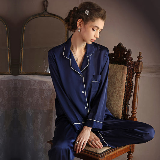 Women's Navy Blue Two-Piece Long-Sleeved Imitation Silk Pajamas