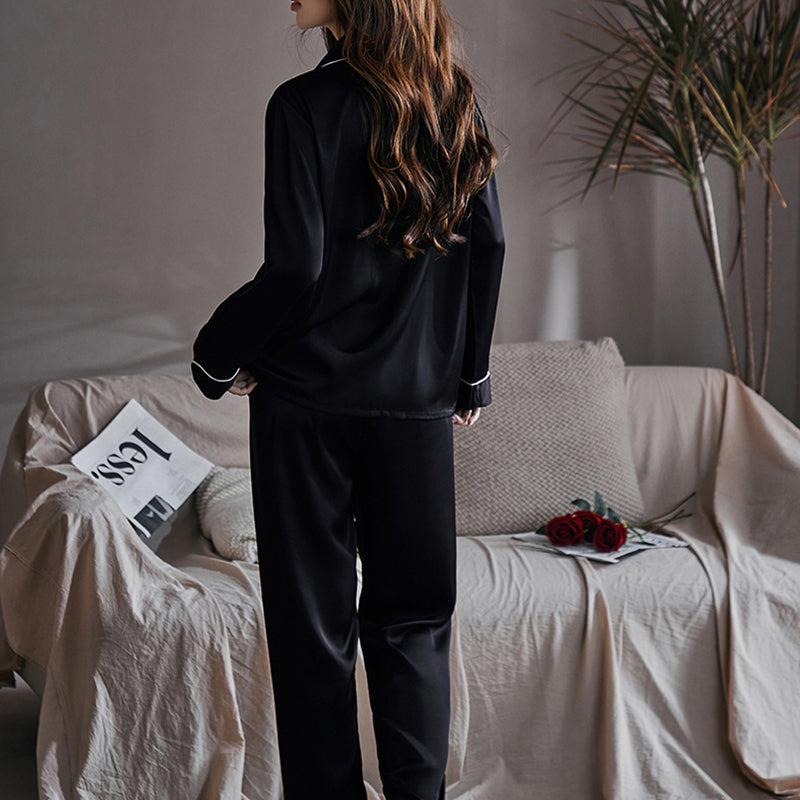 Women's Black Two-Piece Long-Sleeved Imitation Silk Pajamas
