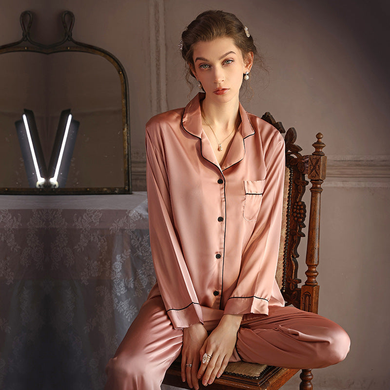 Women's Pink Two-Piece Long-Sleeved Imitation Silk Pajamas