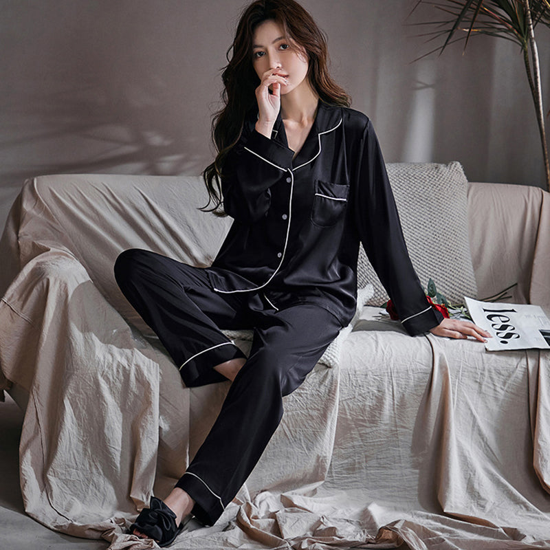 Women's Black Two-Piece Long-Sleeved Imitation Silk Pajamas