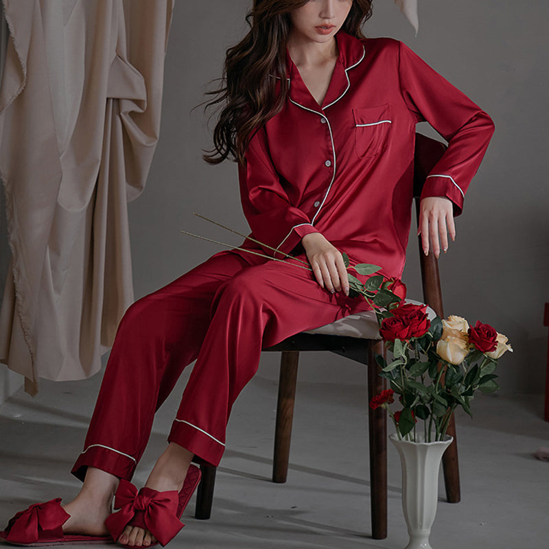 Women's Red Two-Piece Long-Sleeved Imitation Silk Pajamas