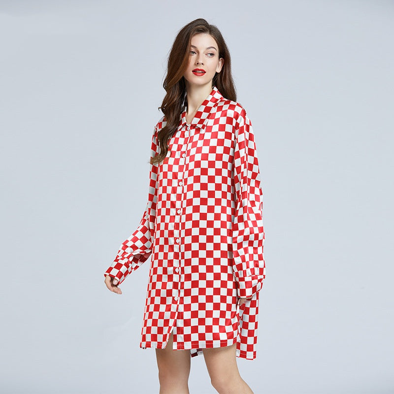 19 Momme Mulberry Silk Checkerboard Print Long Sleeve Shirt Dress