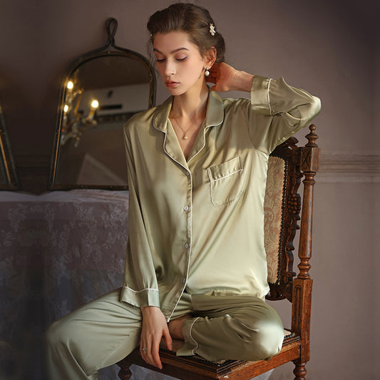 Women's Green Two-Piece Long-Sleeved Imitation Silk Pajamas