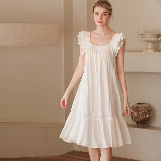 White Lace Square Neck Noil Poplin Cute Nightdress