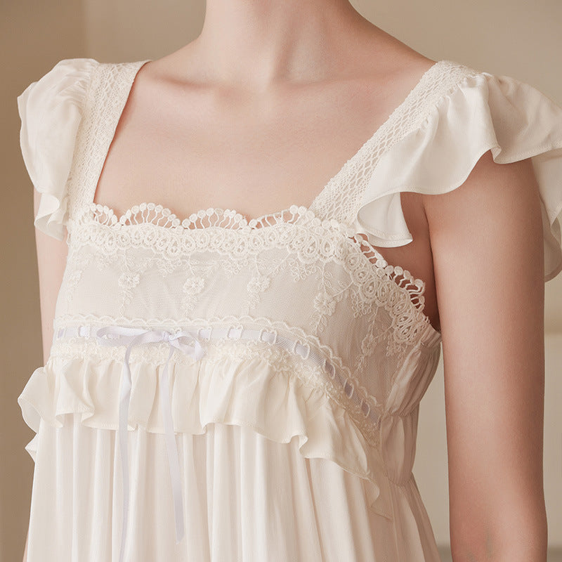 White Lace Square Neck Noil Poplin Nightdress