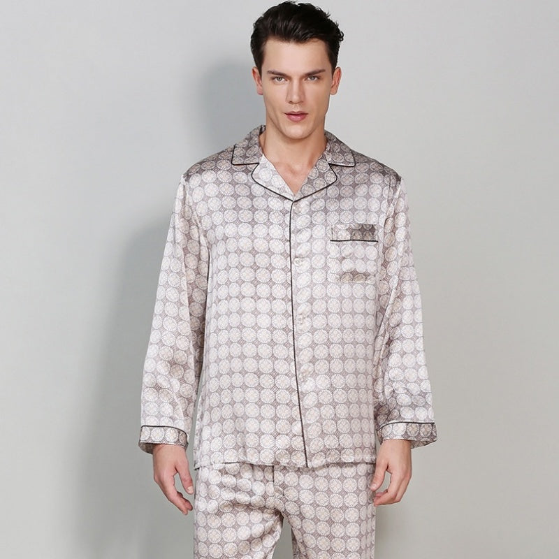 16 Momme 100% Mulberry Silk Men's Printed Long Sleeve Pajamas Set