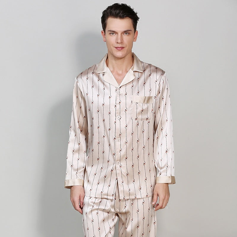 Mulberry Silk Printed Men's Long Sleeve Trousers Pajamas Set