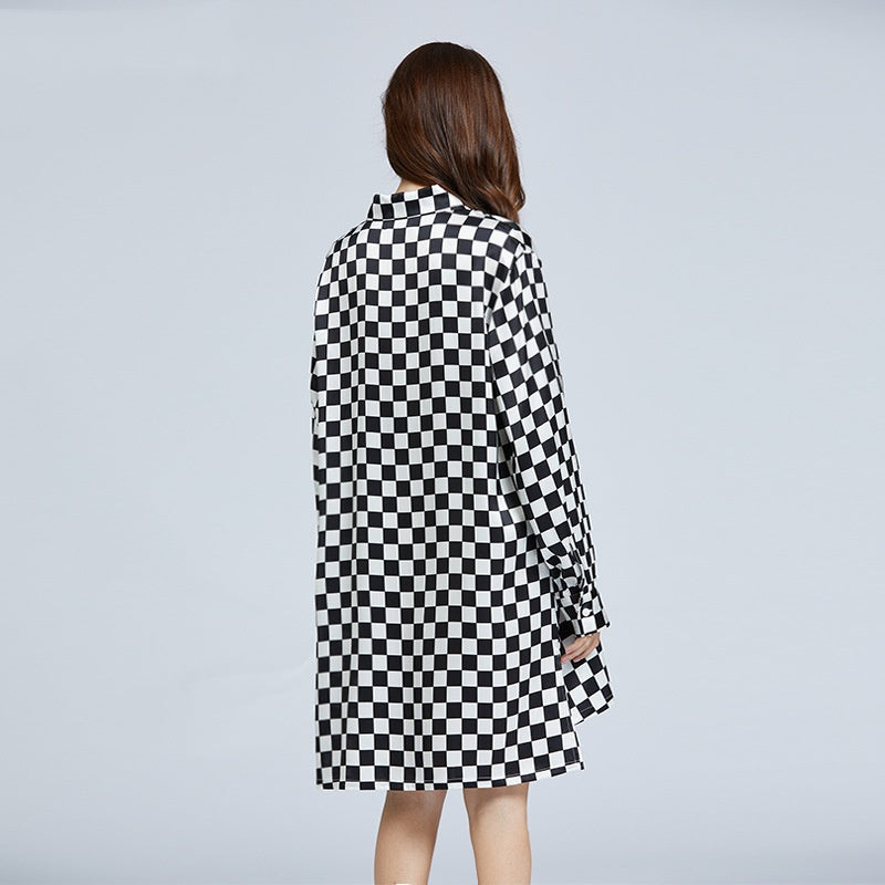 19 Momme Mulberry Silk Checkerboard Print Long Sleeve Shirt Dress