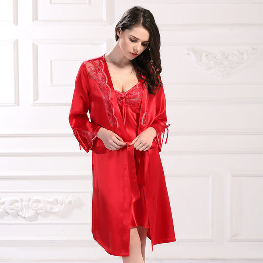 Red Lace Silk Robe Two Piece Set