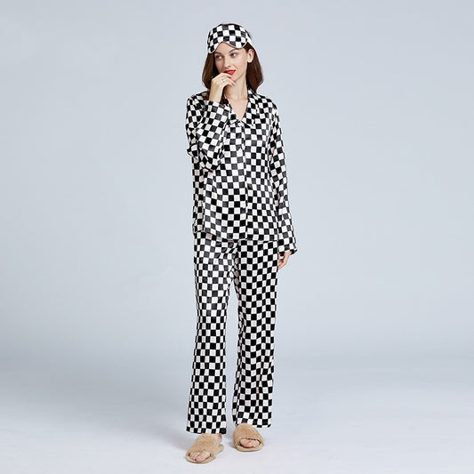 19 Momme Mulberry Silk Checkerboard Print Long Sleeve Trousers Pajamas Set