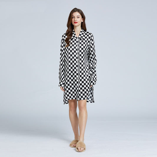 19 Momme Mulberry Silk Checkerboard Print Long Sleeve Shirt Dress