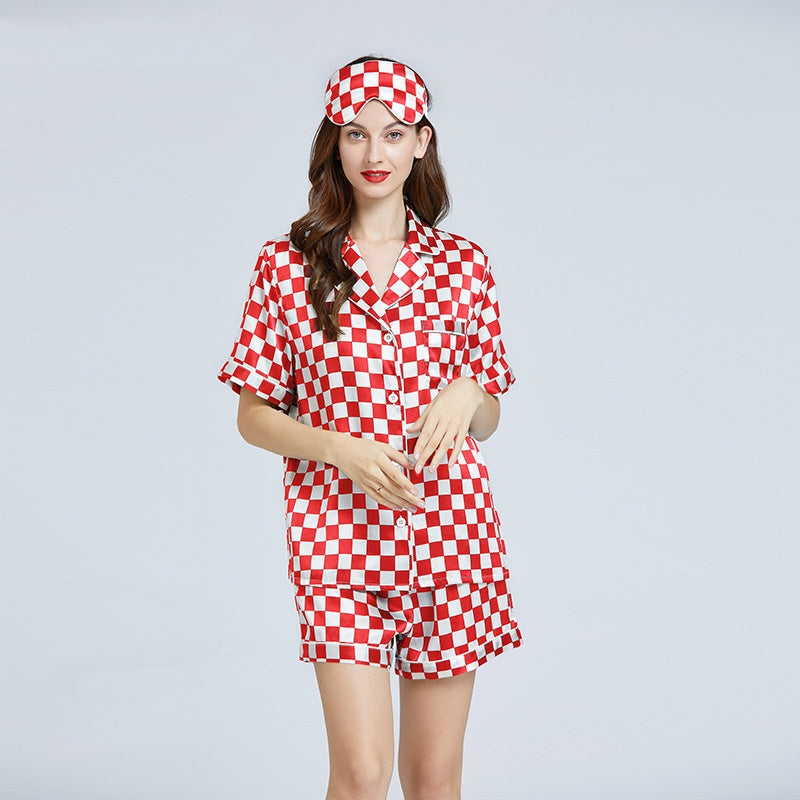 19 Momme Mulberry Silk Checkerboard Print Short Sleeve Shorts Pajamas Set