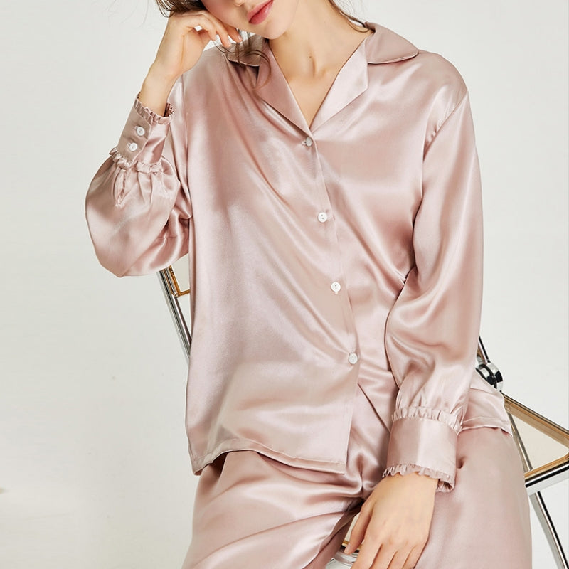 100% Mulberry Silk Pinstriped Sweet Long Sleeve Trousers Pajamas Set