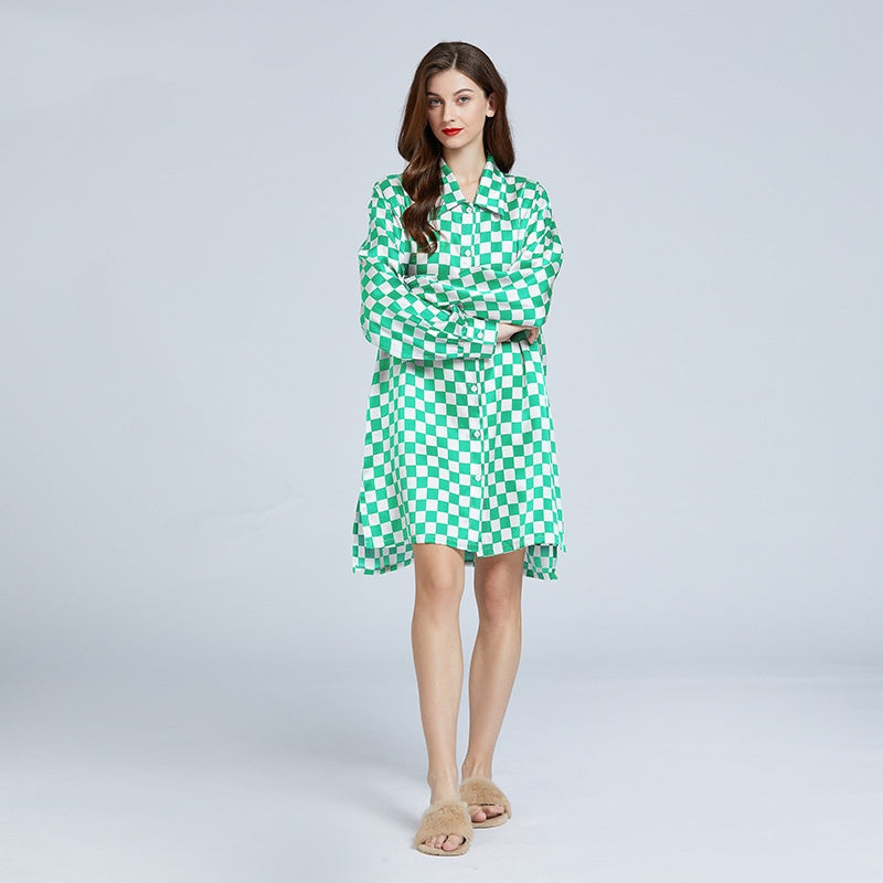 19 Momme Mulberry Silk Checkerboard Print Long Sleeve Shirt Dress