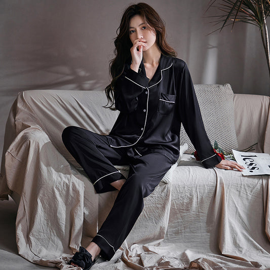 Women's Black Two-Piece Long-Sleeved Imitation Silk Pajamas