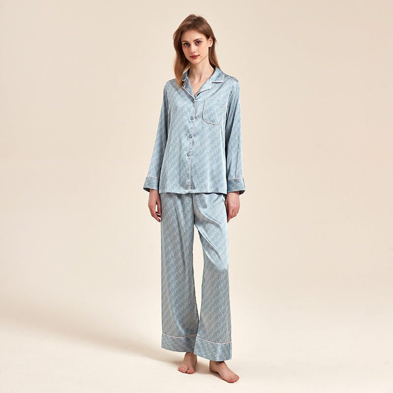 Blue Patterned Ice Silk Long-Sleeved Pajama Set