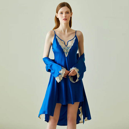 Klein Blue Silk Camisole Dress And Nightgown Two-Piece Set