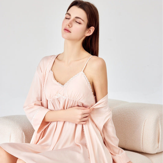 Two-Piece Set of Silk Camisole Nightdress and Matching Robe