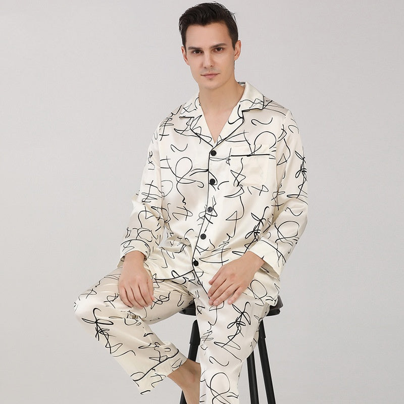 19 Momme 100% Mulberry Silk Line Printed Men's Long Sleeve Pajamas Set