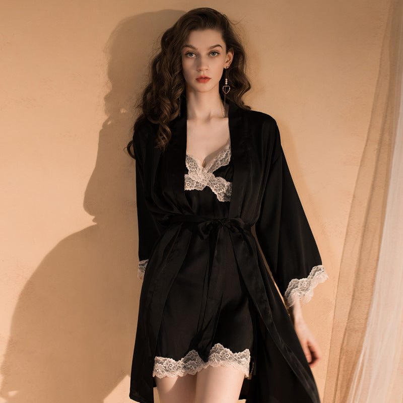 Sexy Ice Silk Suspender Nightgown Two-Piece Set