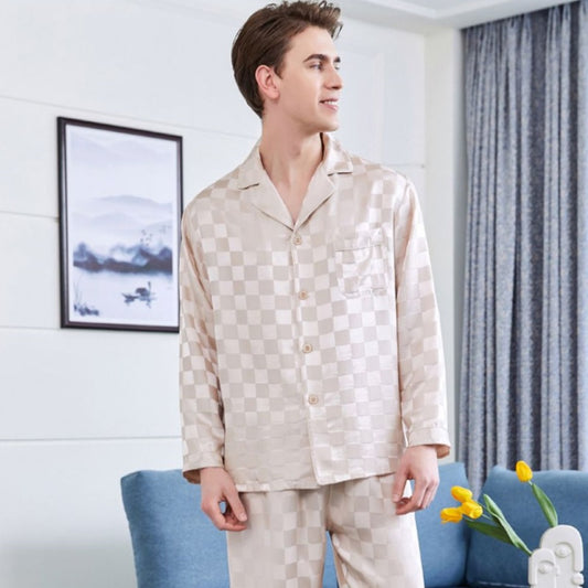 19 Momme 100% Mulberry Silk Square Lattice Jacquard Pattern Men's Long Sleeve Pajamas Set