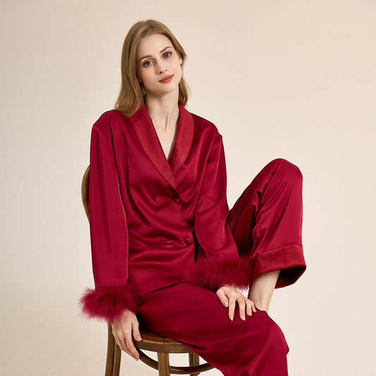 Double Breasted Feather Cuff Pajama Set