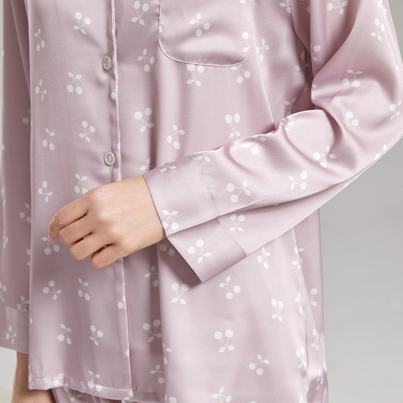 Purple Cherry Patterned Long Sleeved Pajamas Set