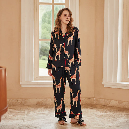 Giraffe-Print Black Long-Sleeved Pajama Set