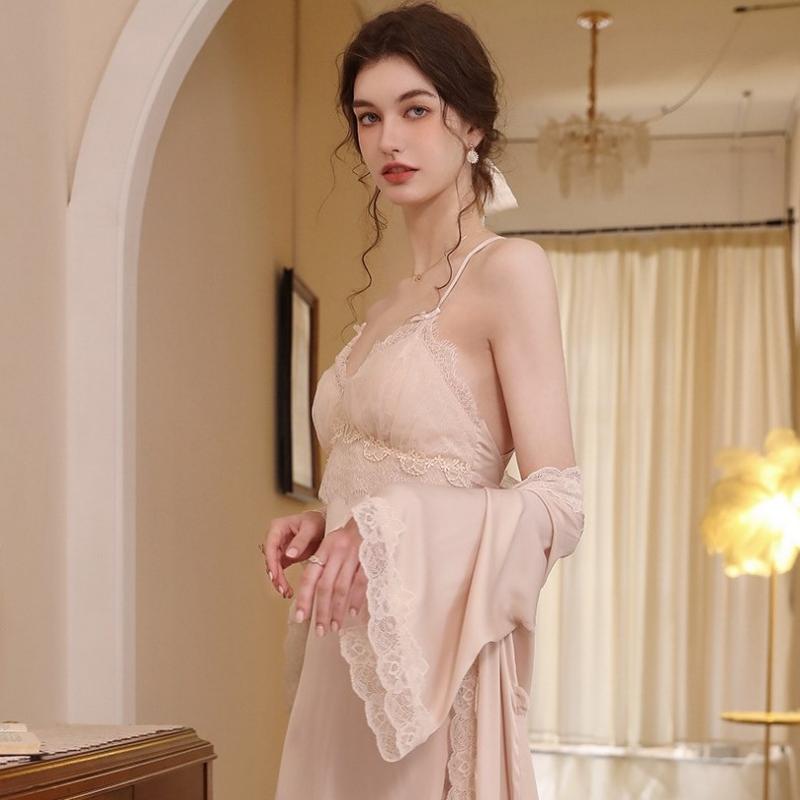 Pink Sexy Lace-Up Slip Dress Robe Set