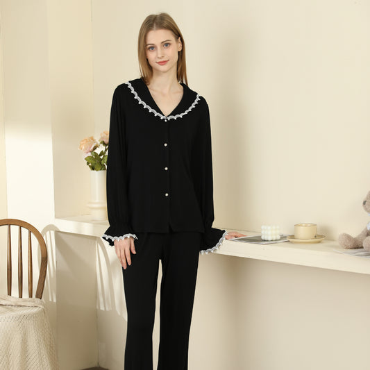 Lace-Trimmed Long-Sleeved Pajama Set