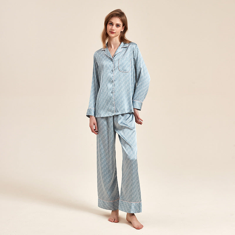 Blue Patterned Ice Silk Long-Sleeved Pajama Set