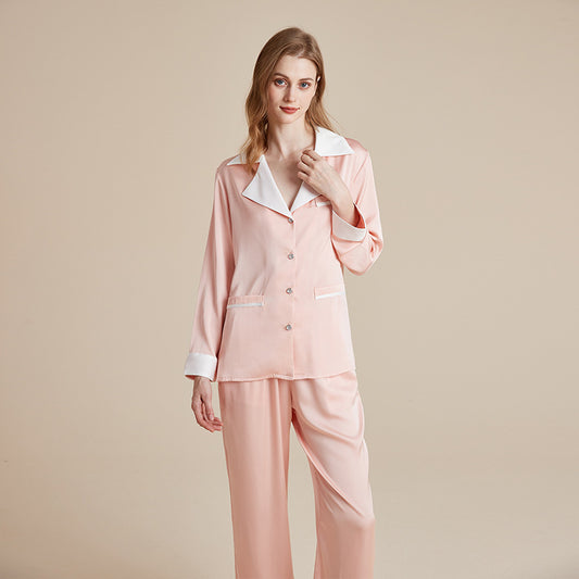 Pink and White Color-Blocked Ice Silk Long-Sleeved Pajama Set