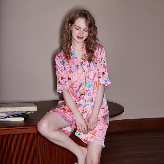 Pink Short-Sleeved Pajama Set with Cartoon Furniture Prints