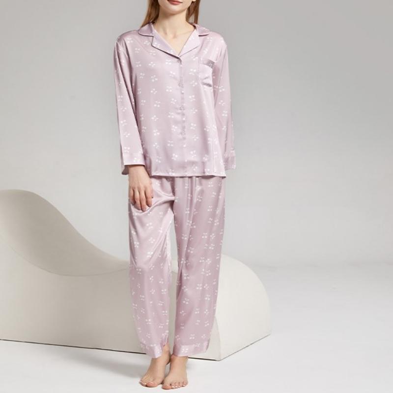 Purple Cherry Patterned Long Sleeved Pajamas Set