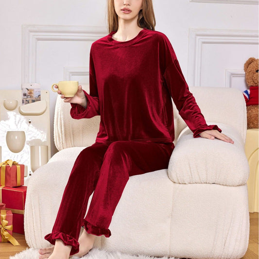 Velvet Ruffled Long Sleeved Pajamas Set