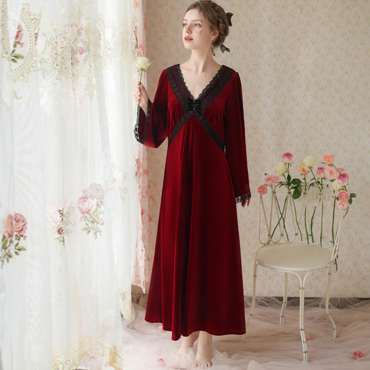 Lace Velvet Long-Sleeved Nightdress With Flared Sleeves