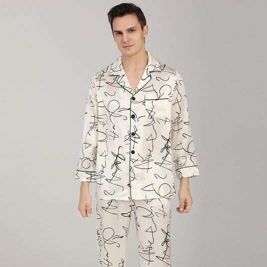 19 Momme 100% Mulberry Silk Line Printed Men's Long Sleeve Pajamas Set