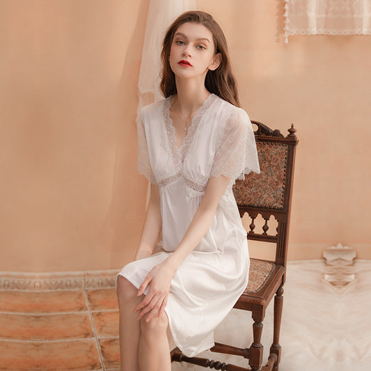 White V-Neck Lace Nightgown