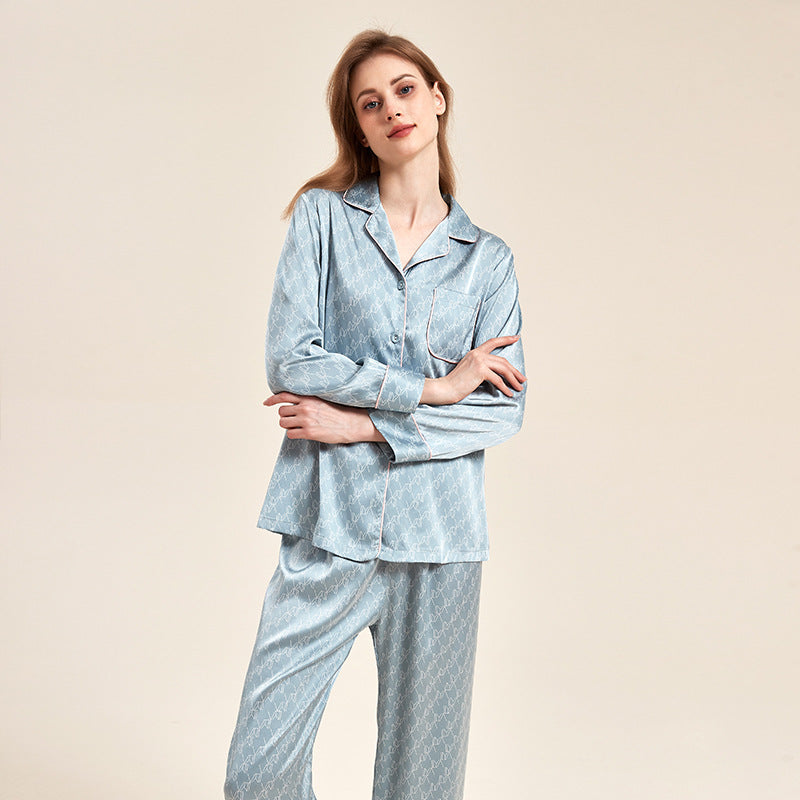 Blue Patterned Ice Silk Long-Sleeved Pajama Set