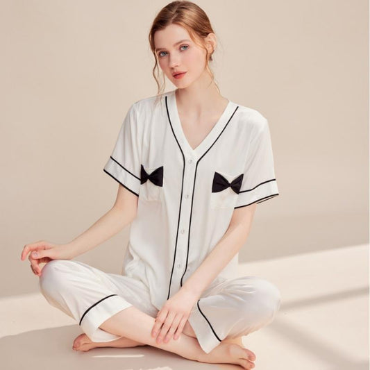 Silk V-Neck Bow Short Sleeved Pajamas Set