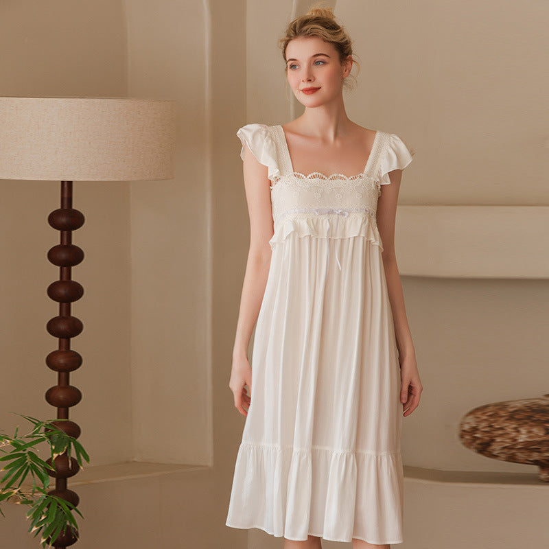 White Lace Square Neck Noil Poplin Nightdress