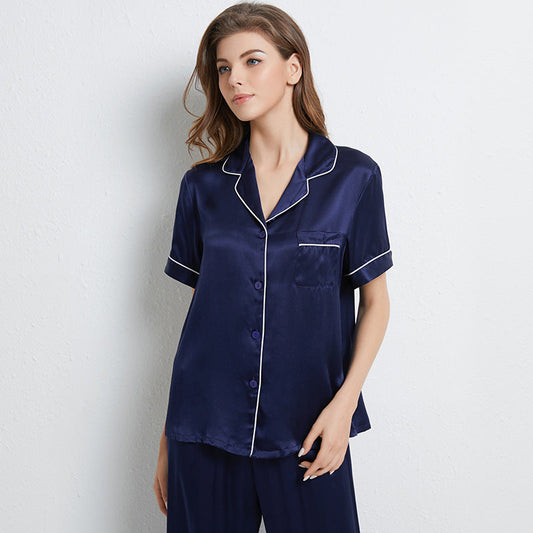 Navy Silk Short Sleeves Pajama Set